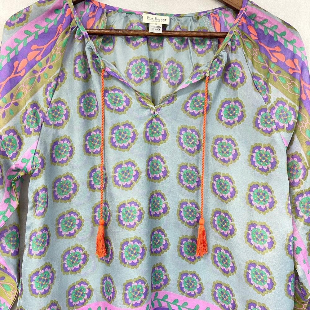Natural Life Live Happy Boho Floral Tassel Peasant Top Women Small Flowy Indie - Picture 4 of 13